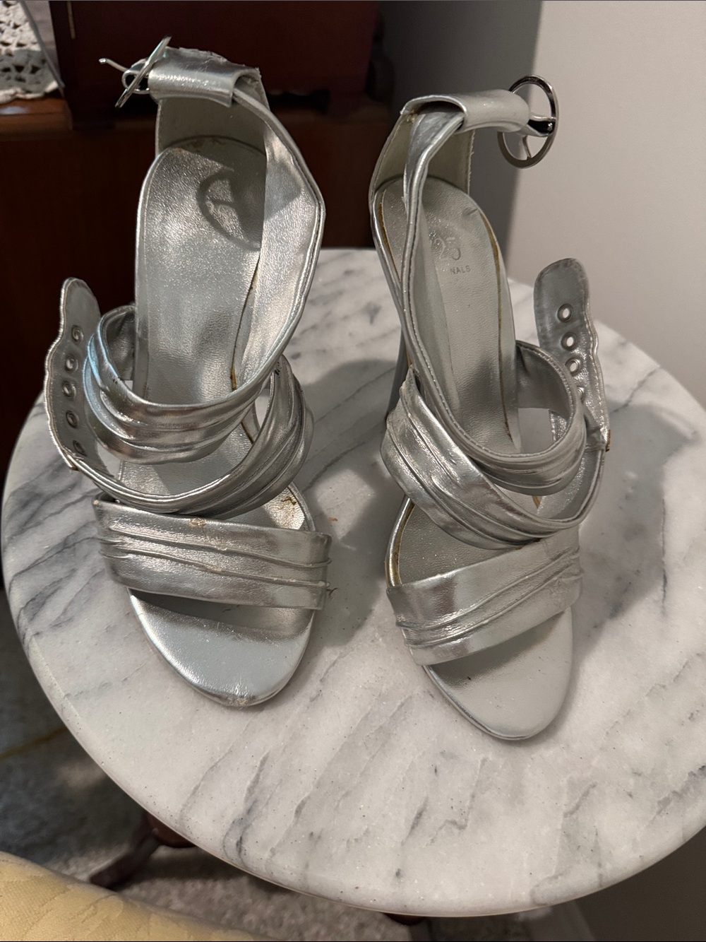Metallic Silver Strappy Ankle-Heel Sandals